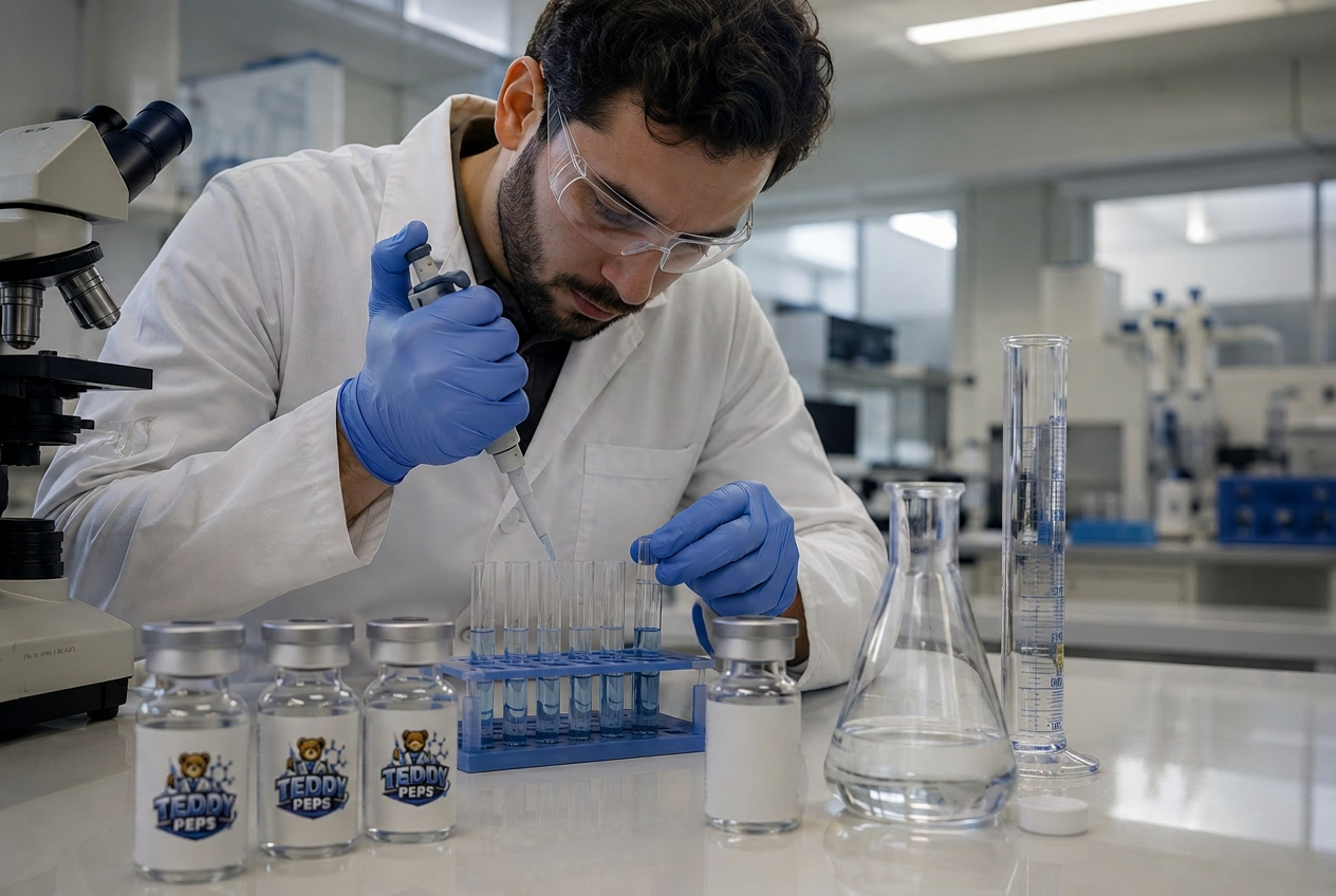 Teddy Peps laboratory with researchers and peptide vials